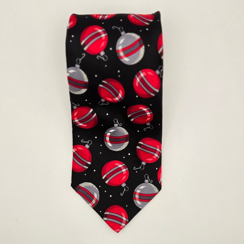 Holidays Mens Silk Necktie Christmas Ornament Glitter Festive Black Red - Picture 9 of 10